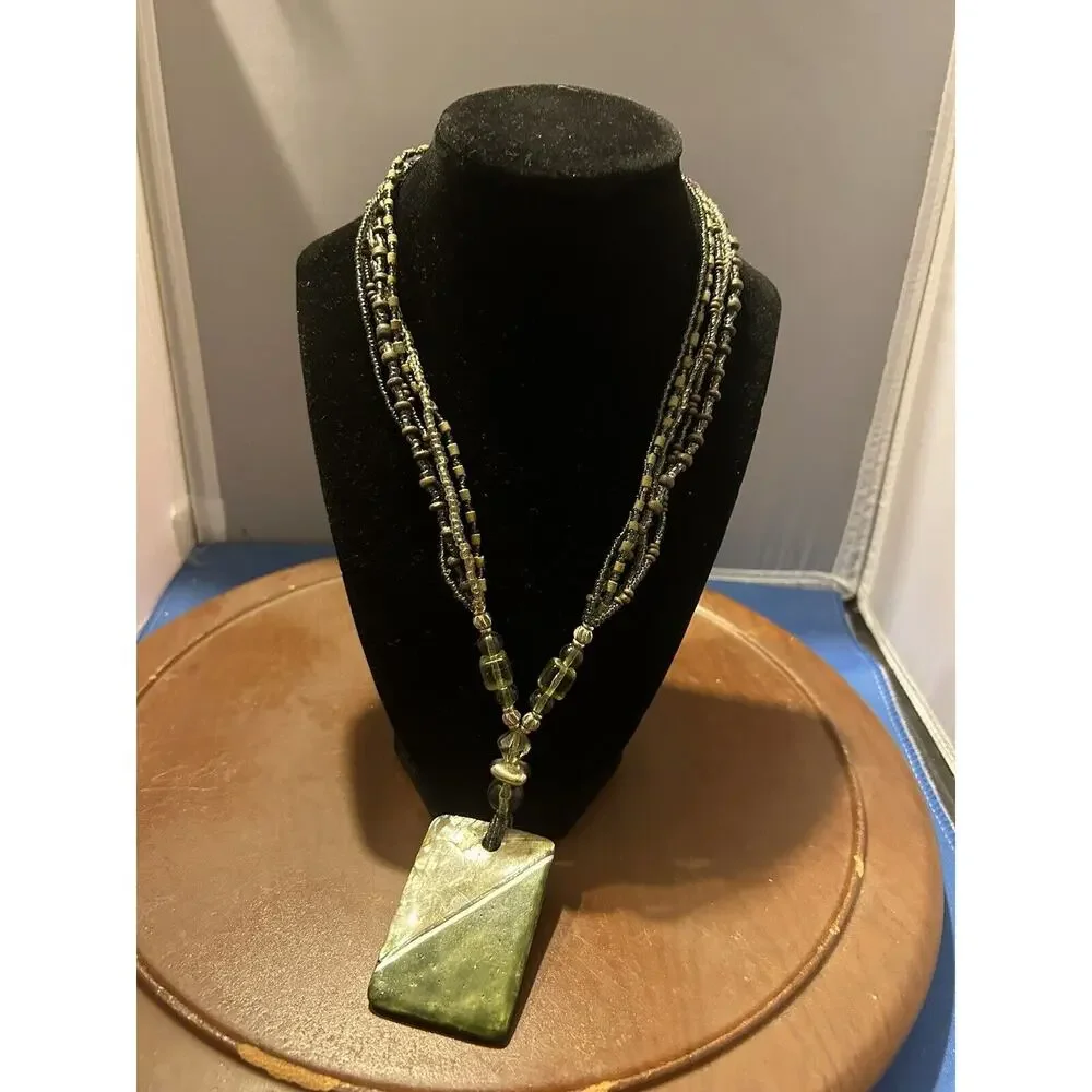Multi Strand Beaded Necklace Green Stone Pendant Statement Necklace‎